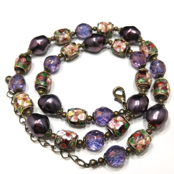 Purple Cloisonne Beaded Necklace, Faux Purple Pearls Czech Faceted Beads, 21 In. - Picture 1 of 8